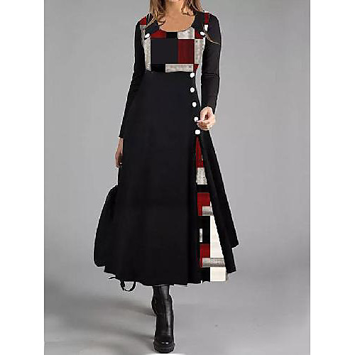 

Women's Sheath Dress Midi Dress Black Long Sleeve Color Block Button Print Winter Spring Round Neck Work Elegant 2021 M L XL XXL 3XL