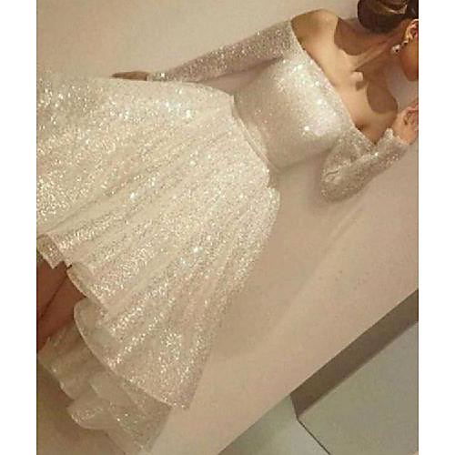 

Ball Gown Wedding Dresses Off Shoulder Knee Length Sequined Long Sleeve Simple Sparkle & Shine 1950s Cute with Pleats 2021