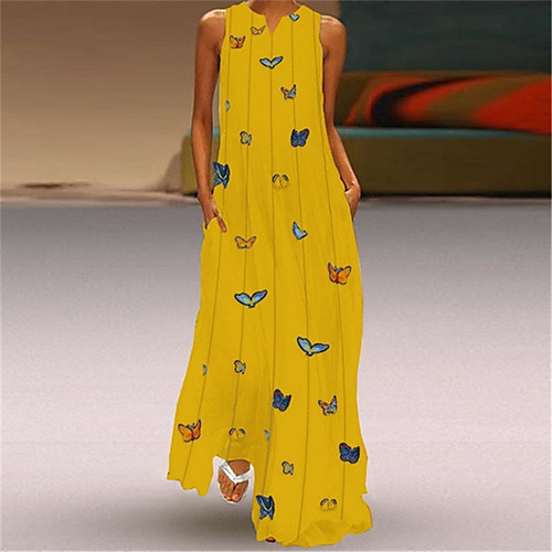 

womens plus size long maxi dresses summer casual boho v neck sleeveless loose maxi dress with pockets