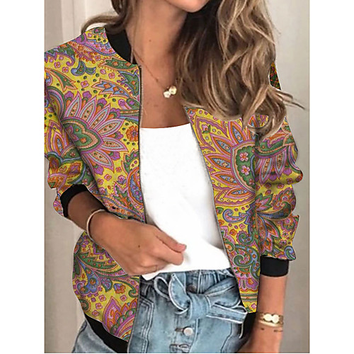 

Women's Plants Patchwork Streetwear Spring & Fall Jacket Regular Sports Long Sleeve Rayon Coat Tops Khaki