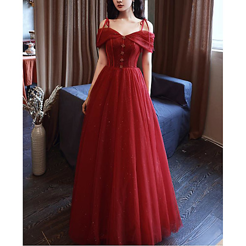 

A-Line Glittering Elegant Engagement Prom Dress Spaghetti Strap Sleeveless Floor Length Tulle with Bow(s) Pleats 2021