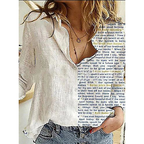 

Women's Blouse Shirt Letter Long Sleeve Print Shirt Collar Tops Basic Top White