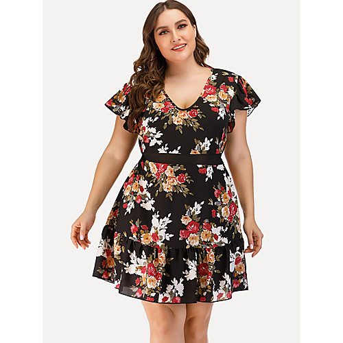 

Women's Plus Size Floral Vintage V Neck Short Sleeve Summer Short Mini Dress A Line Dress / Slim