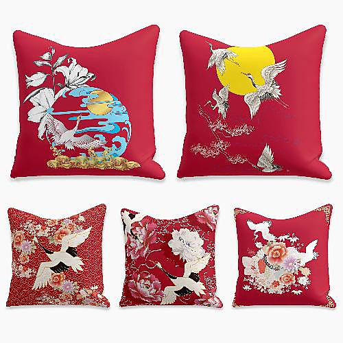 

cushion cover 5pc linen soft decorative square throw pillow cover cushion case pillowcase for sofa bedroom 45 x 45 cm (18 x 18 inch) superior quality machine washable crane sun new chinese