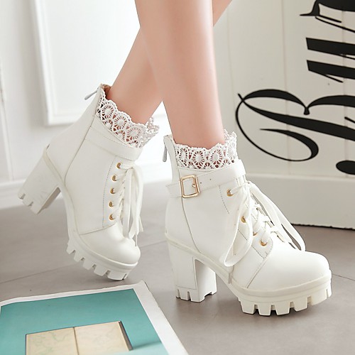 

Women's Boots Chunky Heel Round Toe Mid Calf Boots Casual Vintage Classic Daily Office & Career PU Solid Colored White Black / Mid-Calf Boots