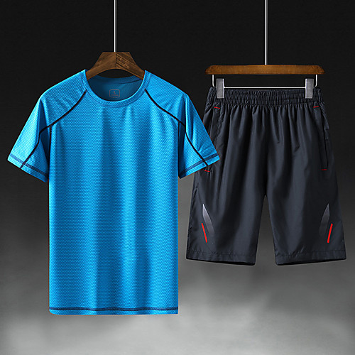 

Men's Hiking Tee shirt with Shorts Short Sleeve Crew Neck Tee Tshirt Outdoor Breathable Quick Dry Soft High Elasticity Summer Polyester Patchwork Lake blue (male suit) Orange (male suit) Dark gray