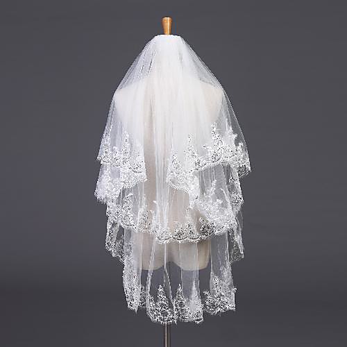

Two-tier Stylish / Diamond / Rhinestone Decorated Case Wedding Veil Elbow Veils with Appliques Tulle