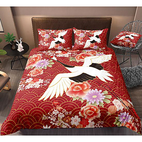 

red-crowned crane 3-piece duvet cover set hotel bedding sets comforter cover with soft lightweight microfiber, include 1 duvet cover, 2 pillowcases for double/queen/king(1 pillowcase for twin/single)