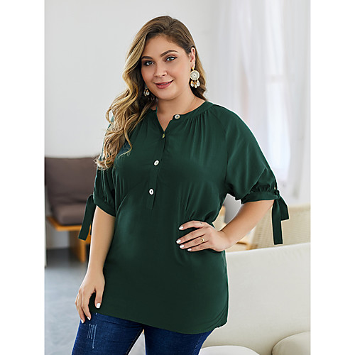 

Women's Plus Size Button Plain Blouse Shirt Large Size Round Neck Short Sleeve Tops Big Size