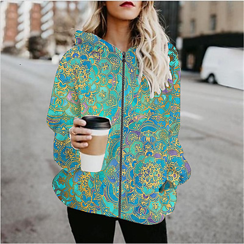 

Women's Geometric Patchwork Active Spring & Fall Hoodied Jacket Regular Sports Long Sleeve Cotton Blend Coat Tops Blue