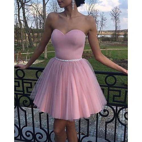 

A-Line Minimalist Sexy Engagement Cocktail Party Valentine's Day Dress Sweetheart Neckline Sleeveless Short / Mini Tulle with Pleats 2021