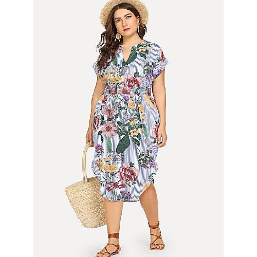

Women's Plus Size Dresses A Line Dress Midi Dress Short Sleeve Floral Striped Lace up Print V Neck Casual Spring & Fall / Slim