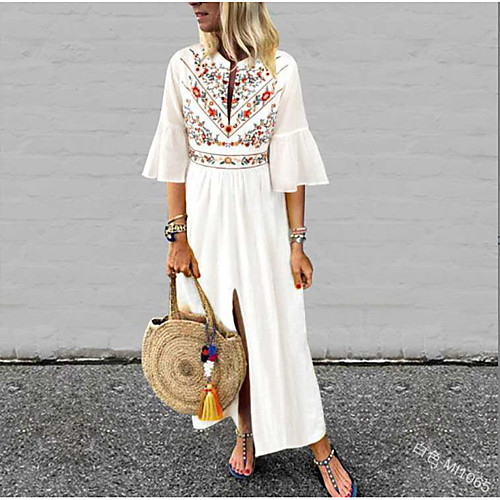

Women's Swing Dress Maxi long Dress White Black Blue Wine Half Sleeve Floral Ruffle Patchwork Print Summer V Neck Casual 2021 S M L XL XXL