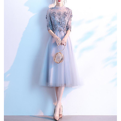 

A-Line Elegant Floral Party Wear Cocktail Party Dress High Neck Half Sleeve Knee Length Lace Tulle with Pleats Sequin Appliques 2021