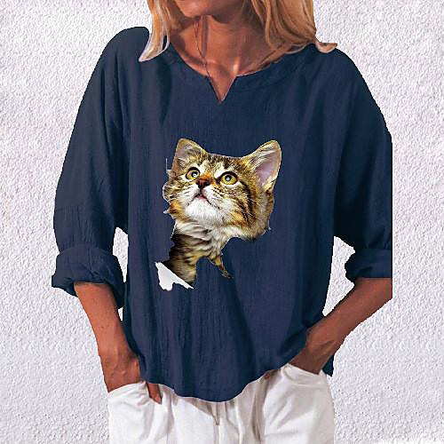 

Women's Blouse Cat Long Sleeve V Neck Tops Basic Basic Top White Black Navy Blue