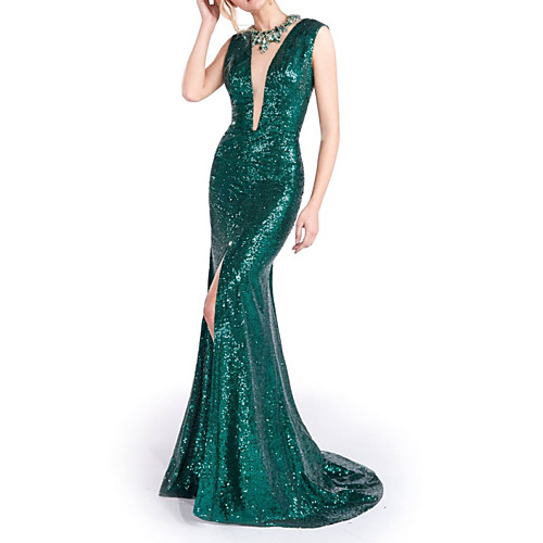 

Mermaid / Trumpet Glittering Sexy Engagement Formal Evening Dress Illusion Neck Sleeveless Sweep / Brush Train Sequined with Sequin Split 2021