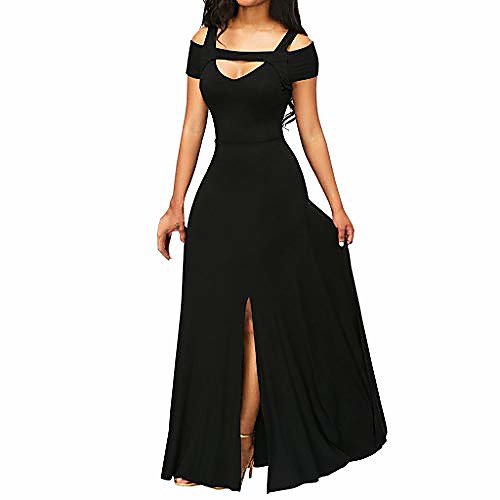 

women long prom party maxi dress v-neck short sleeve off shoulder front slit womens cocktail dress a line wedding dresses sexy sleeveless backless fiosoji black