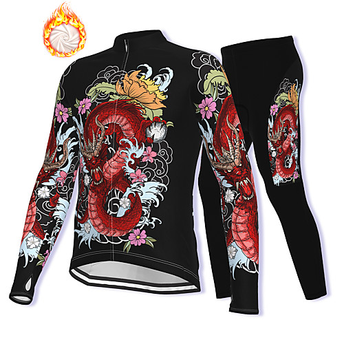 

21Grams Men's Long Sleeve Cycling Jacket with Pants Winter Fleece Spandex Black Dragon Bike Fleece Lining Warm Sports Dragon Mountain Bike MTB Road Bike Cycling Clothing Apparel / Stretchy