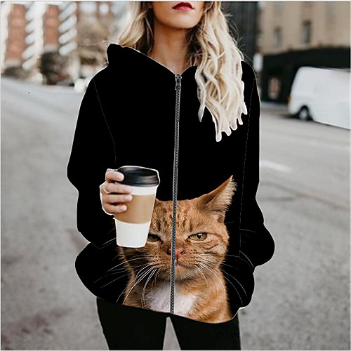 

Women's Print Patchwork Active Spring & Fall Hoodied Jacket Regular Sports Long Sleeve Cotton Blend Coat Tops Black
