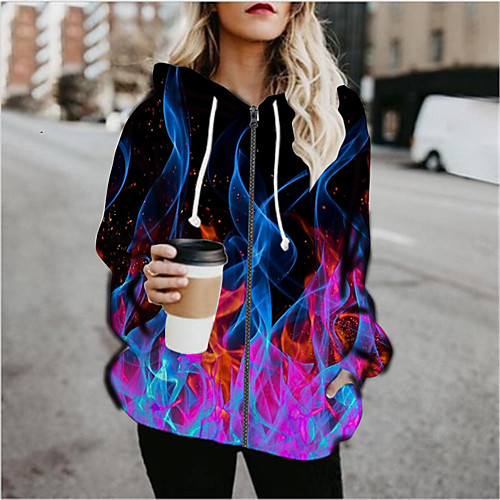 

Women's Print Print Fall & Winter Hoodied Jacket Regular Sports Long Sleeve Cotton Blend Coat Tops Blue
