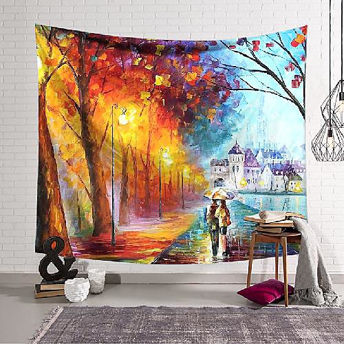 

Oil Painting Style Wall Tapestry Art Decor Blanket Curtain Hanging Home Bedroom Living Room Decoration Romantic Lover Couples Walking in Rain