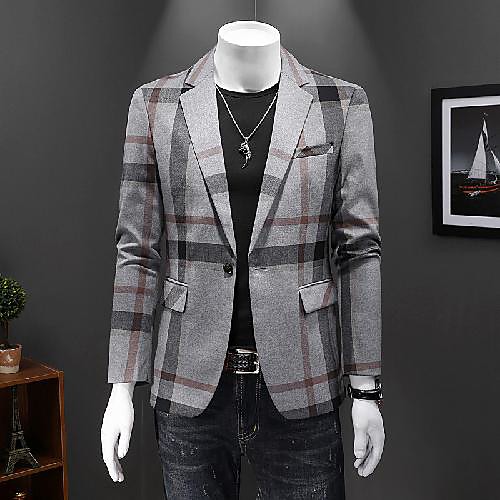 

Gray Checkered Tailored Fit Polyester Suit - Notch Single Breasted One-button