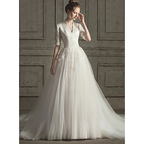 

A-Line Wedding Dresses V Neck Court Train Satin Tulle Half Sleeve Romantic Vintage with Pleats Appliques 2021