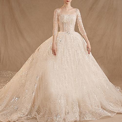 

Princess Ball Gown Wedding Dresses Square Neck Floor Length Lace Sequined 3/4 Length Sleeve Formal Romantic Luxurious Sparkle & Shine with Pleats 2021