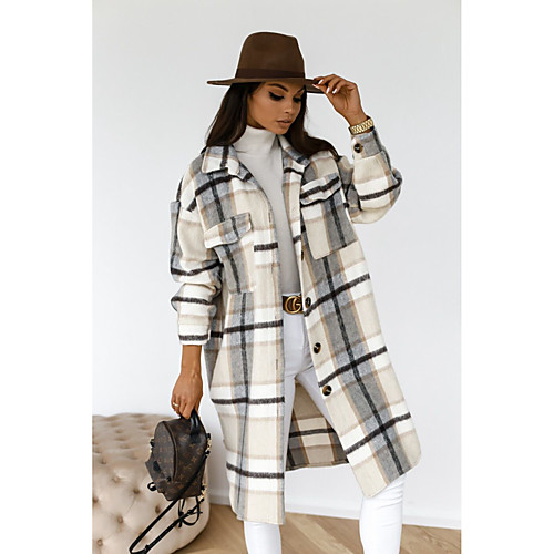 

Women's Plaid Patchwork Basic Fall & Winter Trench Coat Long Going out Long Sleeve Cotton Blend Coat Tops Black