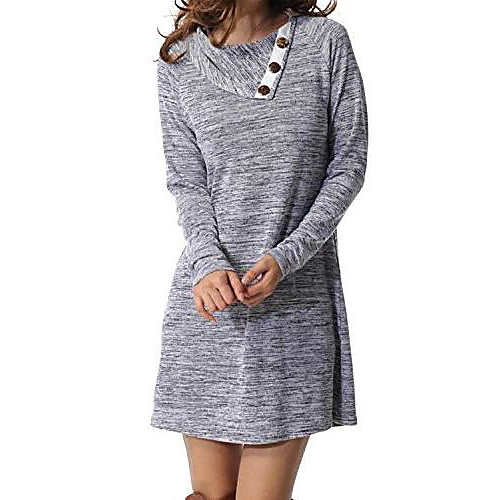 

women's t-shirt dress, long-sleeved, button placket, decorative neckline, loose - gray - small