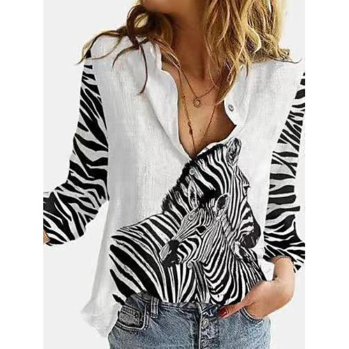 

Women's Blouse Shirt Horse Animal Long Sleeve Print Shirt Collar Tops Basic Top White