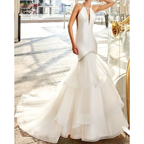 

Mermaid / Trumpet Wedding Dresses V Neck Sweep / Brush Train Satin Tulle Sleeveless Country Simple with Beading Cascading Ruffles 2021