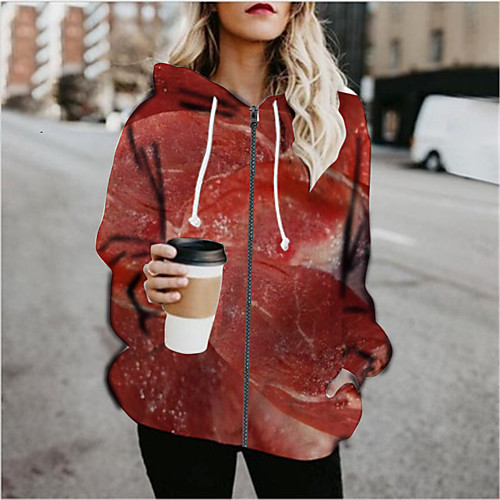 

Women's Print Print Fall & Winter Hoodied Jacket Regular Sports Long Sleeve Cotton Blend Coat Tops Red