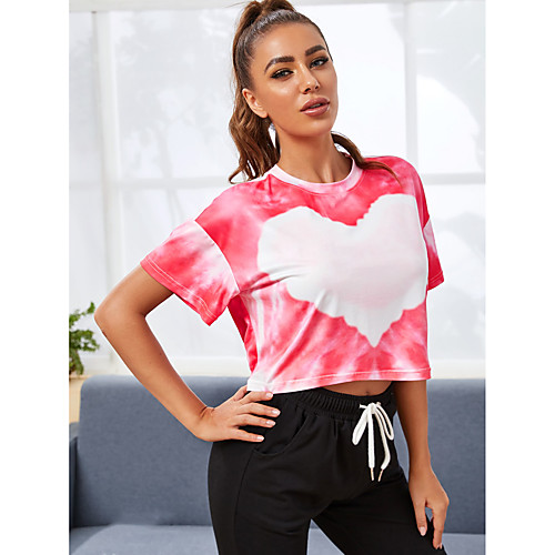 

Women's Short Sleeve Running Shirt Cropped Tee Tshirt Top Athletic Athleisure Spandex Breathable Soft Sweat Out Gym Workout Running Jogging Training Exercise Sportswear Heart Fuchsia Activewear