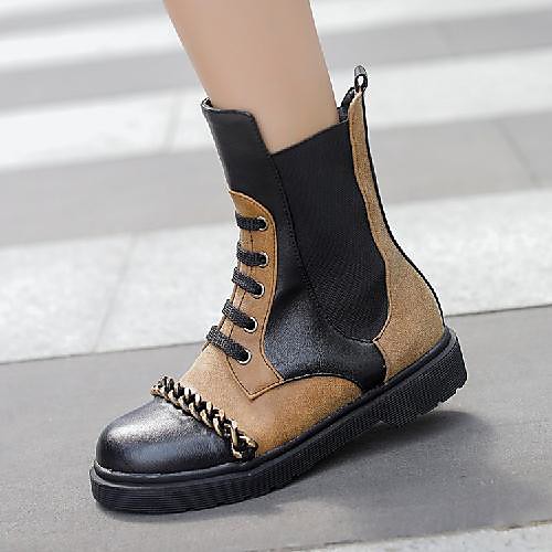 

Women's Boots Flat Heel Round Toe Classic Daily Walking Shoes PU Buckle Lace-up Color Block White Brown