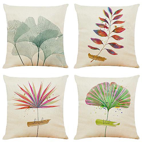 

4 pcs Linen Pillow Cover, Floral&Plants Simple Classic Square Zipper Traditional Classic