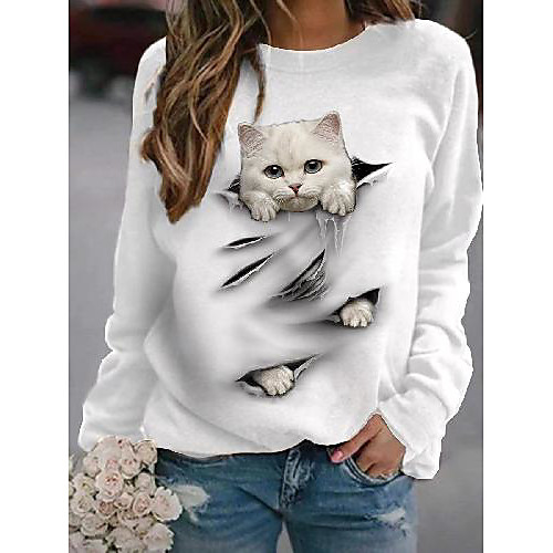 

Women's Pullover Sweatshirt Cat Graphic 3D Print Daily 3D Print Basic Casual Hoodies Sweatshirts White Black