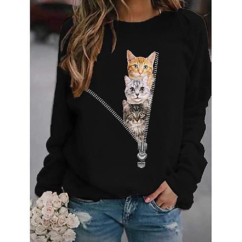 

Women's Pullover Sweatshirt Cat Graphic 3D Print Daily 3D Print Basic Casual Hoodies Sweatshirts White Black Yellow