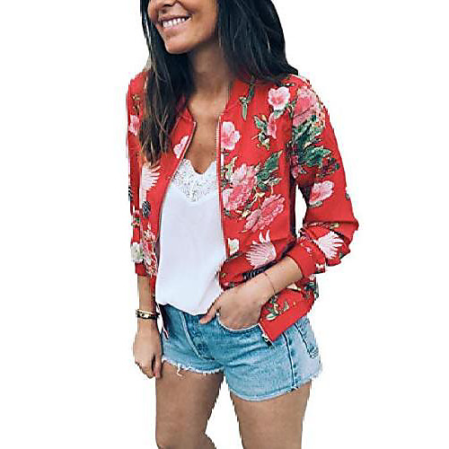 

womens bomber jacket lightweight floral print fall outwear zip up jackets (red, s)