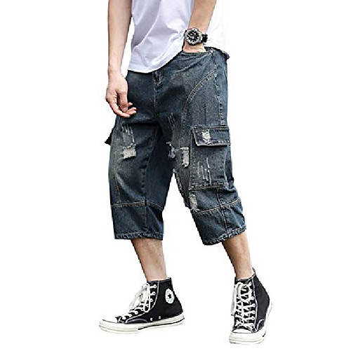 

men's loose ripped crop jean 3/4 below knee capri cargo denim shorts