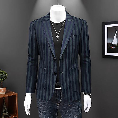 

Dark Green Striped Tailored Fit Polyester Suit - Peak Single Breasted Two-buttons