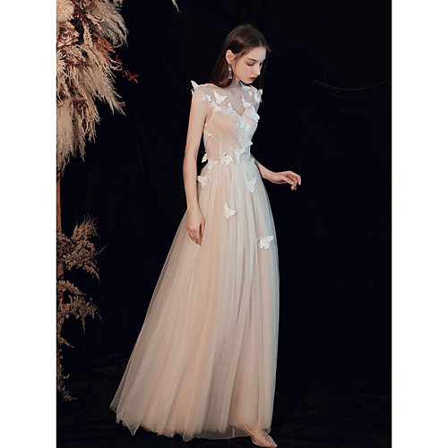 

A-Line Elegant Boho Engagement Formal Evening Valentine's Day Dress Illusion Neck Sleeveless Floor Length Tulle with Pleats Ruched 2021