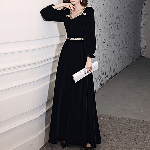 

A-Line Glittering Elegant Wedding Guest Formal Evening Dress Sweetheart Neckline Long Sleeve Floor Length Velvet with Crystals 2021