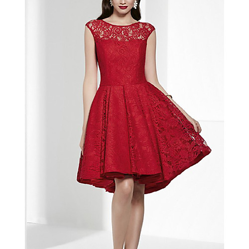 

A-Line Minimalist Sexy Wedding Guest Cocktail Party Dress Jewel Neck Sleeveless Knee Length Lace with Lace Insert 2021
