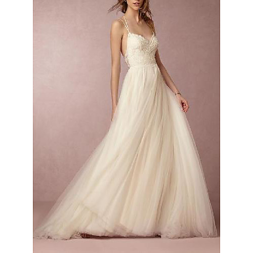 

A-Line Wedding Dresses V Neck Floor Length Lace Tulle Sleeveless Romantic with Pleats 2021