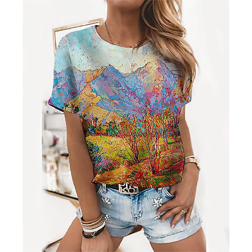 

Women's T shirt Scenery 3D Graphic Prints Print Round Neck Tops Basic Basic Top Blue