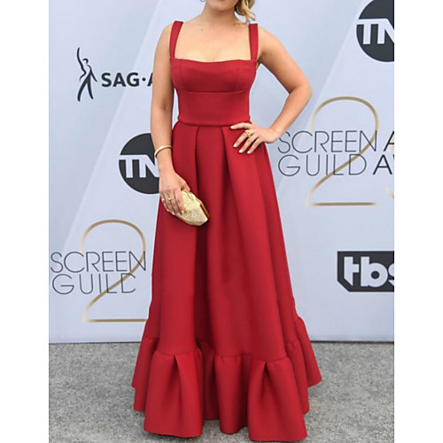 

A-Line Celebrity Style Vintage Wedding Guest Formal Evening Dress Scoop Neck Sleeveless Floor Length Satin with Pleats 2021