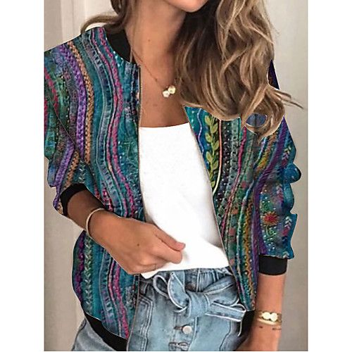 

Women's Striped Patchwork Streetwear Spring & Fall Jacket Regular Sports Long Sleeve Rayon Coat Tops Blue