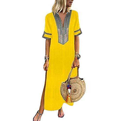 

women cotton ethnic loose floral print casual short sleeve plus size long maxi dress (yellow, 5xl/22)