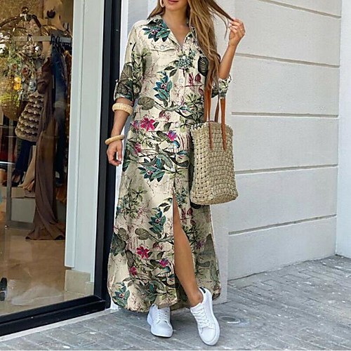

Women's Swing Dress Maxi long Dress Black Yellow Green Long Sleeve Floral Fall Winter Boho 2021 S M L XL XXL